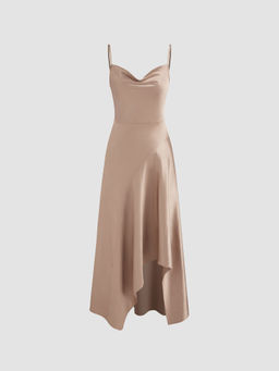 Cider - Satin Cowl Neck Solid Asymmetrical Neck Midi Dress