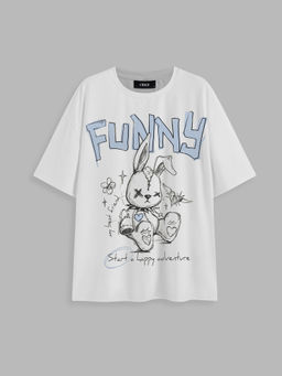 Cider - Round Neckline Funny Rabbit Graphic Short Sleeve Oversized Tee