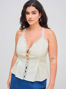 Cider - Linen-Blend V-Neck Lace Knotted Top Curve & Plus