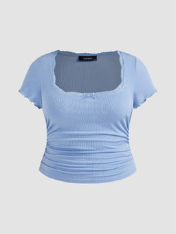Cider - Jersey Square Neck Bowknot Lace Lettuce Trim Ruched Short Sleeve Top Curve & Plus