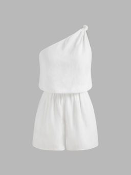 Cider - Linen-Blend Asymmetrical Neck Solid Twist Pocket Romper