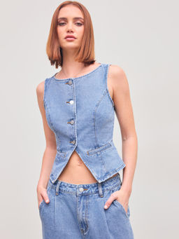 Cider - Denim Boat Neck Solid Button Vest