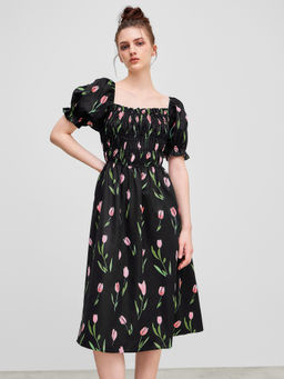 Cider - Square Neck Floral Knotted Midi Dress