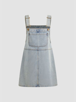 Cider - Denim Square Neck Solid Pocket Buckle Up Mini Dress