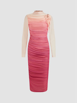 Cider - Mesh Stand Collar Gradient Ruched Knotted Maxi Dress