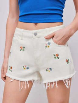 Cider - Denim Mid Rise Floral Embroidery Wide Leg Shorts
