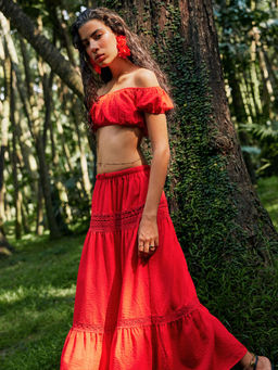 Cider - Mid Rise Solid Floral Embroidery Knotted Maxi Skirt