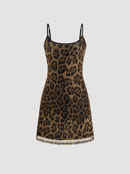 Cider - Mesh Scoop Neckline Leopard Mini Dress