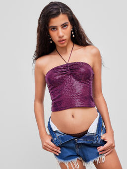 Cider - Sequin Halter Neckline Solid Knotted Crop Top