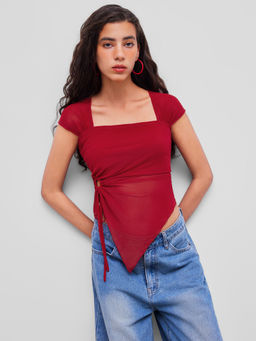 Cider - Square Neck Solid O-Ring Asymmetrical Hem Short Sleeve Jersey Top