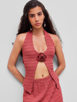 Cider - Halter Neckline Solid Rosette Texture Tank Top