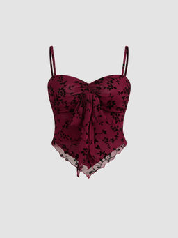 Cider - Mesh V-Neck Floral Lettuce Trim Knotted Crop Cami Top