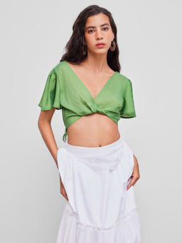 Cider - Chiffon V-Neck Solid Butterfly Twist Crop Blouse Top