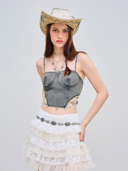 Cider - Denim Square Neck Lace Crop Cami Top