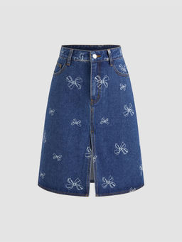 Cider - Denim Mid Rise Bowknot Print Split Midi Skirt