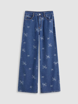 Cider - Denim Mid Rise Bowknot Print Wide Leg Jeans
