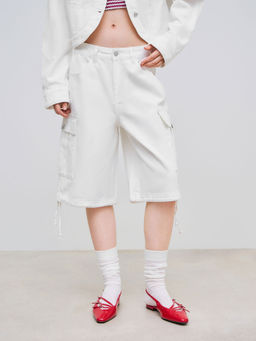 Cider - Denim Mid Rise Solid Cargo Bermuda Shorts