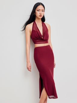 Cider - Halter Neckline Solid Crop Top with Mid Rise Solid Split Fitted Midi Skirt (Set of 2)