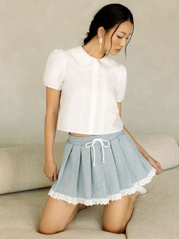 Cider - Cotton Doll Collar Solid Knotted Short Sleeve Shirt
