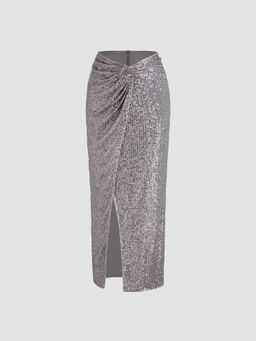 Cider - Sequin Mid Rise Twist Split Maxi Skirt