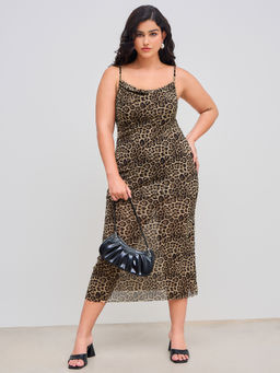 Cider - Mesh Cowl Neck Leopard Maxi Dress Curve & Plus