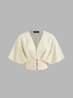 Cider - Cotton-Blend V-Neck Ruched Button Crop Top