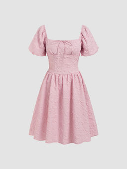 Cider - Square Neck Solid Texture Knotted Bubble Sleeve Midi Dress ()