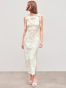 Cider - Lace Round Neckline Floral Split Rosette Knotted Maxi Dress