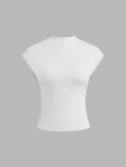 Cider - Stand Collar Solid Rhinestone Trim Short Sleeve Top