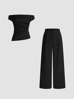 Cider - Off-Shoulder Solid Ruched Top with Solid Straight Leg Trousers (Set Of 2) ()
