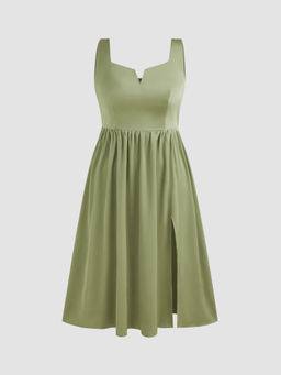 Cider - Woven Square Neck Ruffle Split Shirred Midi Dress Curve & Plus