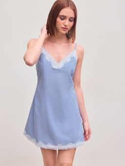 Cider - Cotton-Blend V-Neck Striped Lace Trim Mini Dress