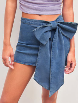Cider - High Stretch Denim Low Rise Solid Bowknot Mini Skirt