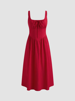 Cider - Linen-Blend Square Neck Solid Knotted Midi Dress