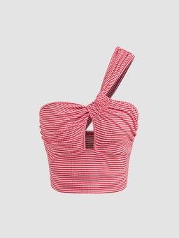 Cider - Cotton-Blend Asymmetrical Neck Striped Cut Out Crop Top