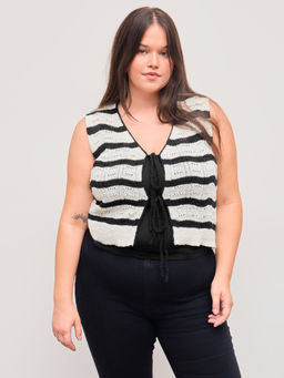 Cider - Knit V-Neck Striped Knotted Top Curve & Plus