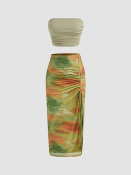 Cider - Solid Ruched Crop Tube Top with Mid Rise Abstract Drawstring Maxi Skirt (Set of 2)