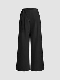 Cider - Linen-Blend Mid Rise Solid Knotted Pocket Wide Leg Trousers