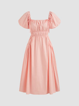Cider - Cotton Solid Ruched Bubble Hem Knotted Midi Dress