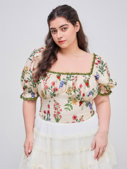 Cider - Square Neck Floral Lettuce Trim Knotted Short Sleeve Blouse Top Curve & Plus