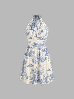 Cider - Halter Neckline Toile De Jouy Mini Dress