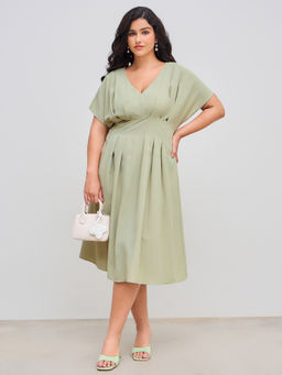 Cider - Woven V-Neck Solid Pleated Midi Dress Curve & Plus