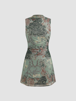 Cider - Mesh Stand Collar Floral Ruched Mini Dress ()
