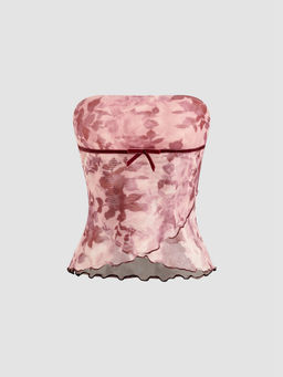 Cider - Mesh Floral Contrasting Binding Bowknot Tube Top