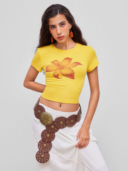 Cider - Round Neckline Floral Crop Short Sleeve Tee