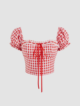 Cider - Scoop Neckline Gingham Knotted Crop Blouse Top