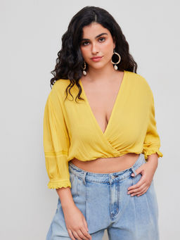 Cider - Chiffon V-Neck Solid Wrap Knotted Long Sleeve Blouse Top Curve & Plus