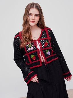 Cider - Knit V-Neck Fruit Knotted Contrasting Binding Cardigan Curve & Plus