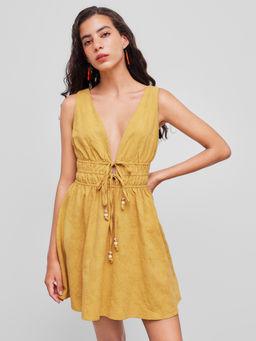Cider - Cotton V-Neck Solid Beaded Knotted Mini Dress