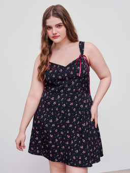 Cider - Woven Sweetheart Neckline Floral Knotted Shirred Mini Dress Curve & Plus